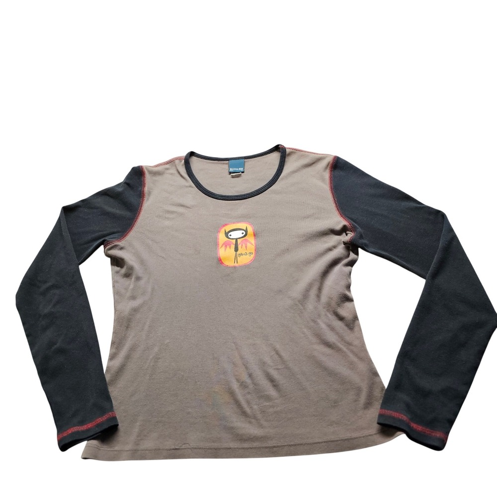 Gama-Go Graphic Long Sleeve Ribbed Tee Womens Large Brown Black Contrast Stitch
